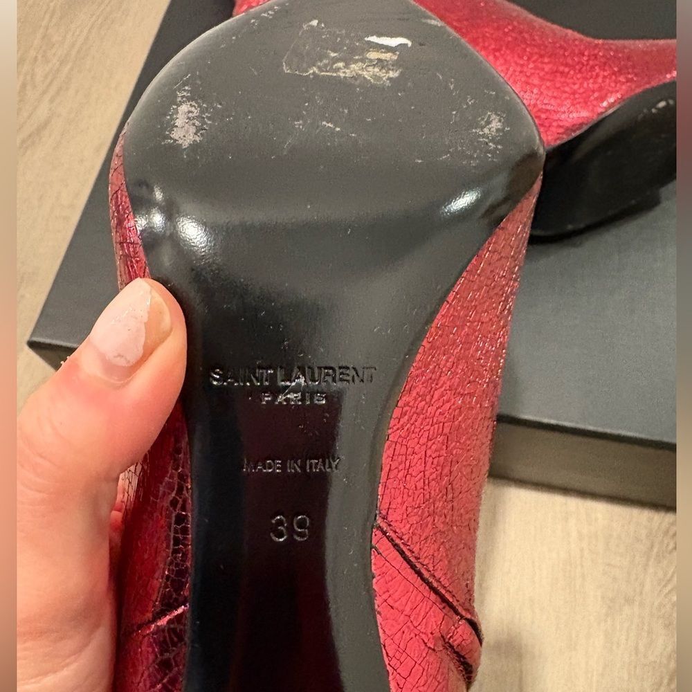 Saint Laurent Red Metallic Crack Leather Heel Ankle boots - Picture 5 of 11